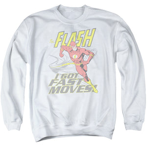 AN OFFCIALLY LICENSED DC FLASH FAST MOVES ADULT UNISEX CREWNECK SWEATSHIRT WHITE