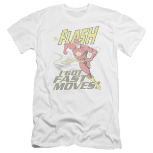 AN OFFCIALLY LICENSED DC FLASH FAST MOVES MEN'S PREMIUM SLIM FIT T-SHIRT WHITE
