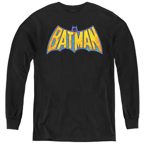 AN OFFCIALLY LICENSED DCO BATMAN NEON DISTRESS LOGO YOUTH LONG SLEEVE T-SHIRT BLACK