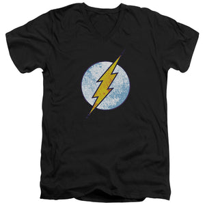 AN OFFCIALLY LICENSED DC FLASH FLASH NEON DISTRESS LOGO MEN'S V-NECK T-SHIRT BLACK