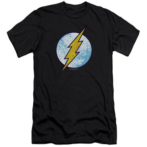 AN OFFCIALLY LICENSED DC FLASH FLASH NEON DISTRESS LOGO MEN'S PREMIUM SLIM FIT T-SHIRT BLACK