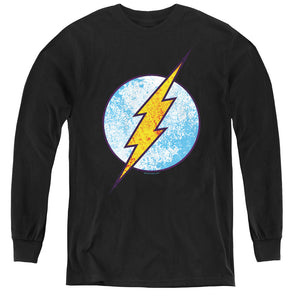 AN OFFCIALLY LICENSED DC FLASH FLASH NEON DISTRESS LOGO YOUTH LONG SLEEVE T-SHIRT BLACK