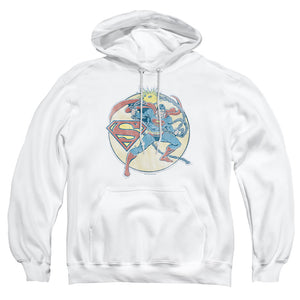 AN OFFCIALLY LICENSED DCO RETRO SUPERMAN IRON ON ADULT UNISEX PULLOVER HOODIE WHITE