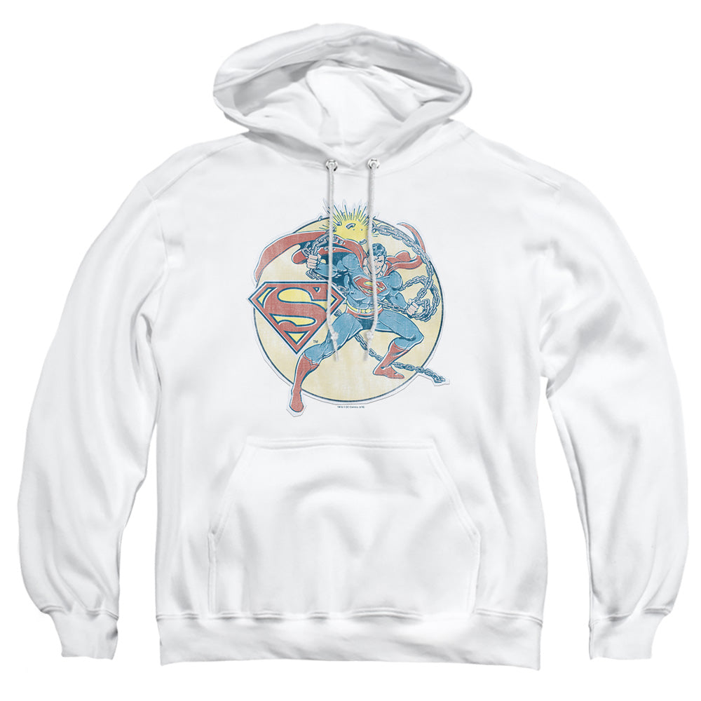 AN OFFCIALLY LICENSED DCO RETRO SUPERMAN IRON ON ADULT UNISEX PULLOVER HOODIE WHITE