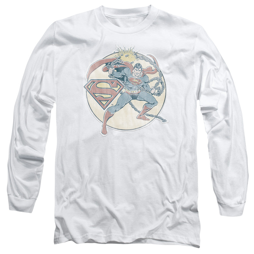 AN OFFCIALLY LICENSED DCO RETRO SUPERMAN IRON ON MEN'S LONG SLEEVE T-SHIRT WHITE