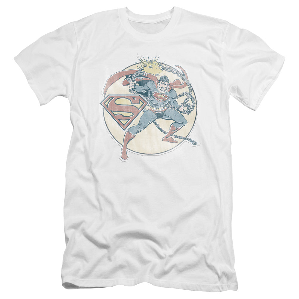 AN OFFCIALLY LICENSED DCO RETRO SUPERMAN IRON ON MEN'S PREMIUM SLIM FIT T-SHIRT WHITE