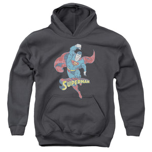 AN OFFCIALLY LICENSED DCO DESATURATED SUPERMAN YOUTH HOODIE CHARCOAL