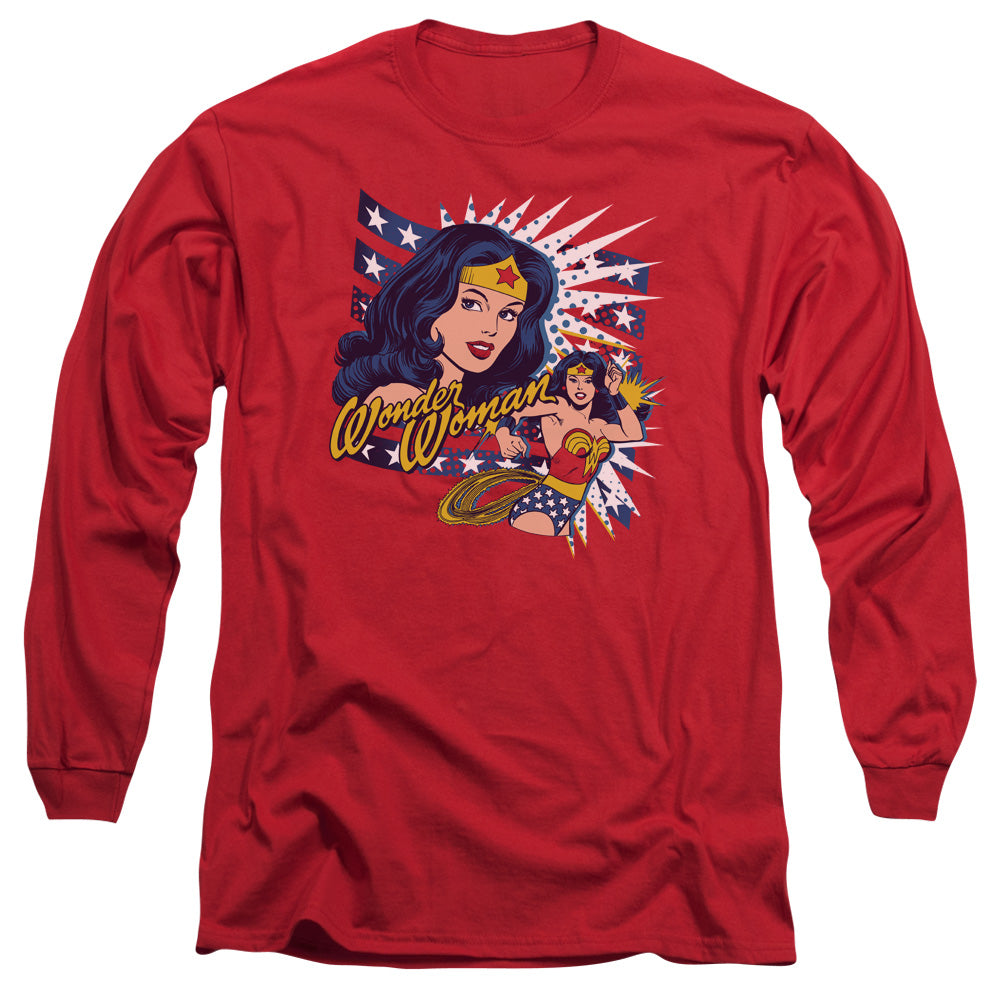 AN OFFCIALLY LICENSED DCO POP ART WONDER MEN'S LONG SLEEVE T-SHIRT RED