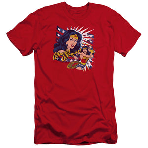 AN OFFCIALLY LICENSED DCO POP ART WONDER MEN'S PREMIUM SLIM FIT T-SHIRT RED