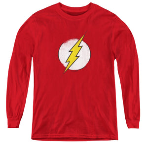 AN OFFCIALLY LICENSED DC FLASH ROUGH FLASH LOGO YOUTH LONG SLEEVE T-SHIRT RED