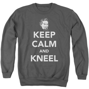 AN OFFCIALLY LICENSED DC KEEP CALM AND KNEEL ADULT UNISEX CREWNECK SWEATSHIRT CHARCOAL
