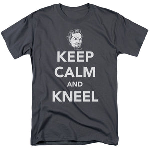 AN OFFCIALLY LICENSED DC KEEP CALM AND KNEEL MEN'S REGULAR FIT T-SHIRT CHARCOAL