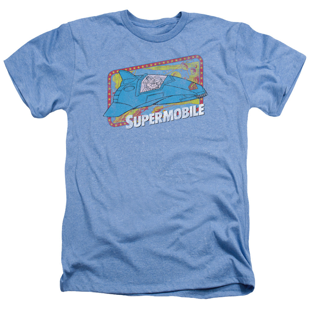 AN OFFCIALLY LICENSED DC SUPERMOBILE MEN'S HEATHER T-SHIRT LIGHT BLUE