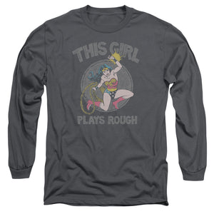 AN OFFCIALLY LICENSED DC PLAYS ROUGH MEN'S LONG SLEEVE T-SHIRT CHARCOAL