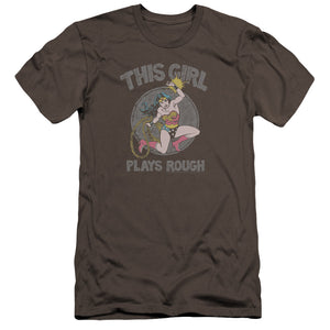 AN OFFCIALLY LICENSED DC PLAYS ROUGH MEN'S PREMIUM SLIM FIT T-SHIRT CHARCOAL