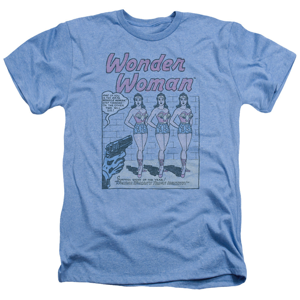 AN OFFCIALLY LICENSED DC MULTIPLE WW MEN'S HEATHER T-SHIRT LIGHT BLUE