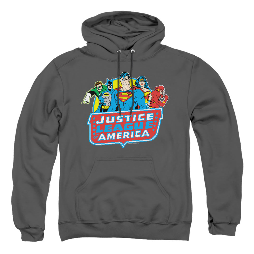 AN OFFCIALLY LICENSED DC 8 BIT LEAGUE ADULT UNISEX PULLOVER HOODIE CHARCOAL