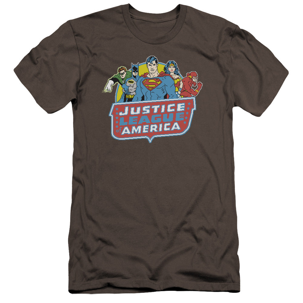 AN OFFCIALLY LICENSED DC 8 BIT LEAGUE MEN'S PREMIUM SLIM FIT T-SHIRT CHARCOAL