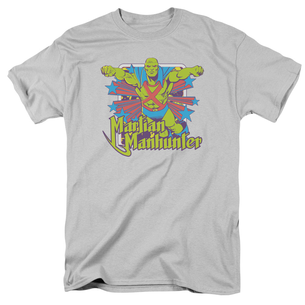 AN OFFCIALLY LICENSED DC MANHUNTER STARS MEN'S REGULAR FIT T-SHIRT SILVER