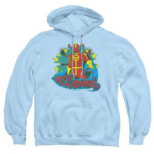 AN OFFCIALLY LICENSED DC RED TORNADO STARS ADULT UNISEX PULLOVER HOODIE LIGHT BLUE