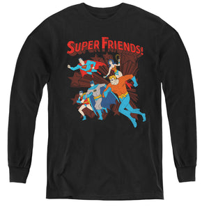 AN OFFCIALLY LICENSED DC SUPER RUNNING YOUTH LONG SLEEVE T-SHIRT BLACK