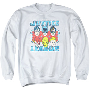 AN OFFCIALLY LICENSED DC FACES OF JUSTICE ADULT UNISEX CREWNECK SWEATSHIRT WHITE