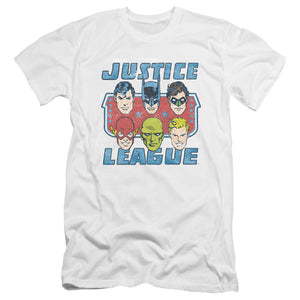 AN OFFCIALLY LICENSED DC FACES OF JUSTICE MEN'S PREMIUM SLIM FIT T-SHIRT WHITE