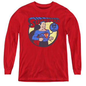 AN OFFCIALLY LICENSED DC SUPERMAN 64 YOUTH LONG SLEEVE T-SHIRT RED