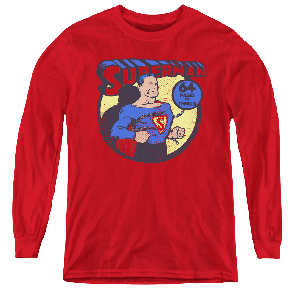 AN OFFCIALLY LICENSED DC SUPERMAN 64 YOUTH LONG SLEEVE T-SHIRT RED