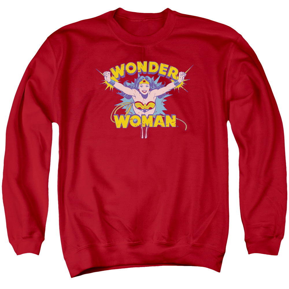 AN OFFCIALLY LICENSED DC FLYING THROUGH ADULT UNISEX CREWNECK SWEATSHIRT RED