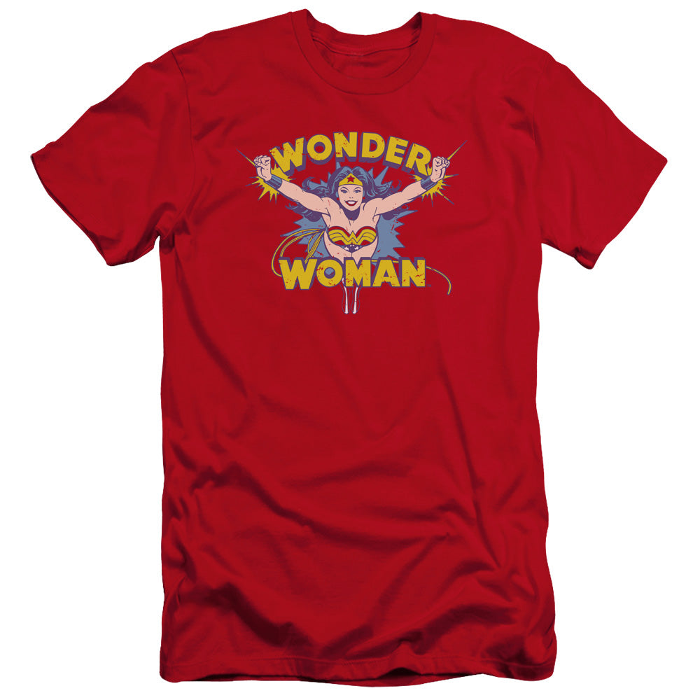 AN OFFCIALLY LICENSED DC FLYING THROUGH MEN'S PREMIUM SLIM FIT T-SHIRT RED