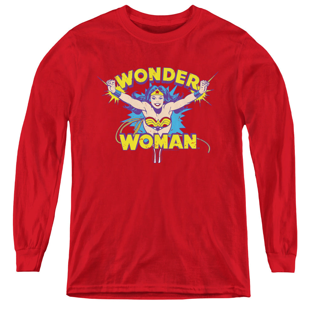 AN OFFCIALLY LICENSED DC FLYING THROUGH YOUTH LONG SLEEVE T-SHIRT RED