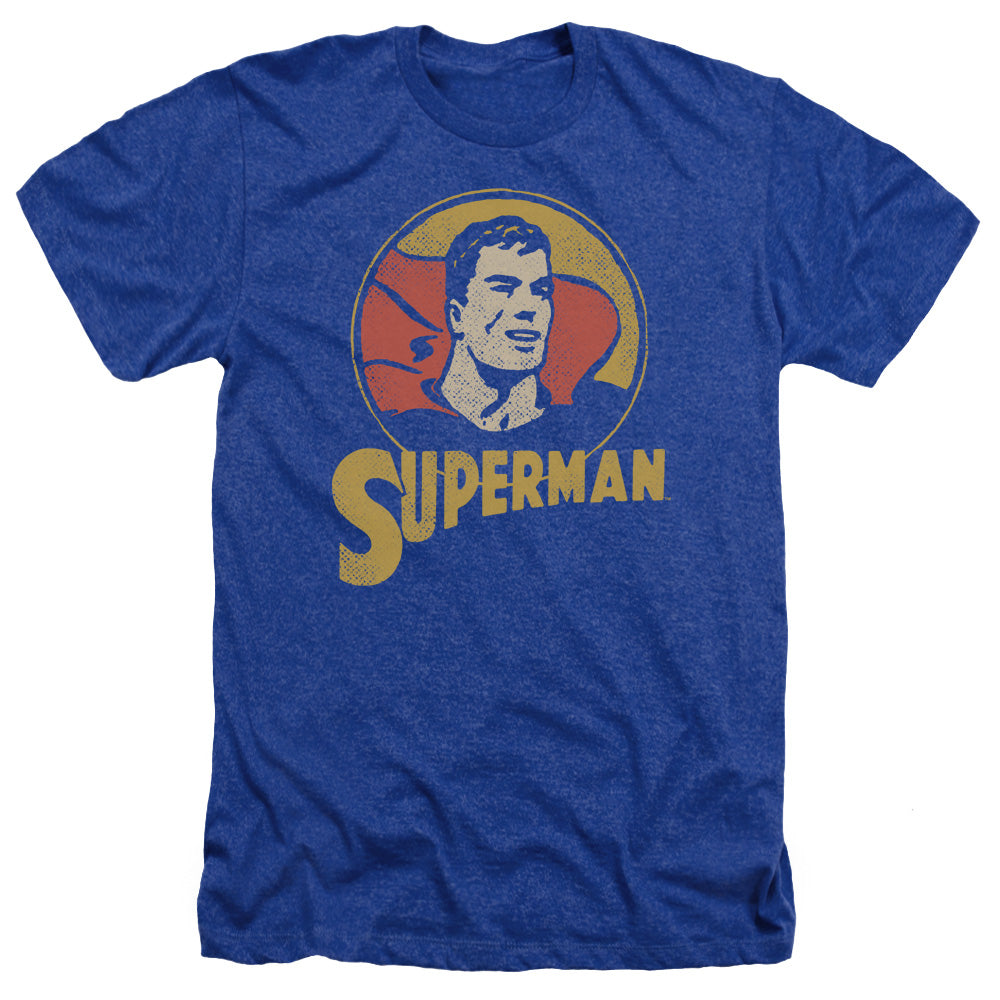 AN OFFCIALLY LICENSED DC SUPER CIRCLE MEN'S HEATHER T-SHIRT ROYAL