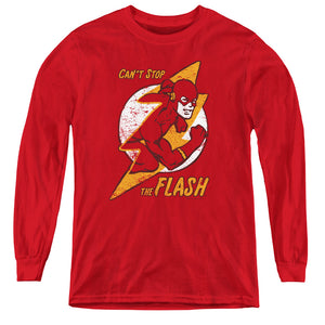 AN OFFCIALLY LICENSED DC FLASH FLASH BOLT YOUTH LONG SLEEVE T-SHIRT RED