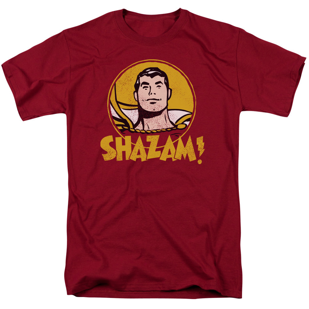 AN OFFCIALLY LICENSED DC SHAZAM CIRCLE MEN'S REGULAR FIT T-SHIRT CARDINAL