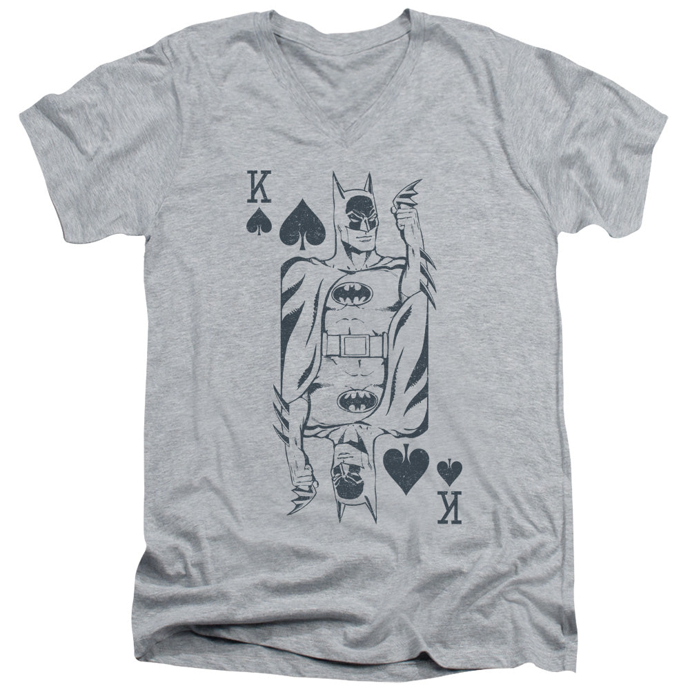 AN OFFCIALLY LICENSED DC BAT CARD MEN'S V-NECK T-SHIRT ATHLETIC HEATHER