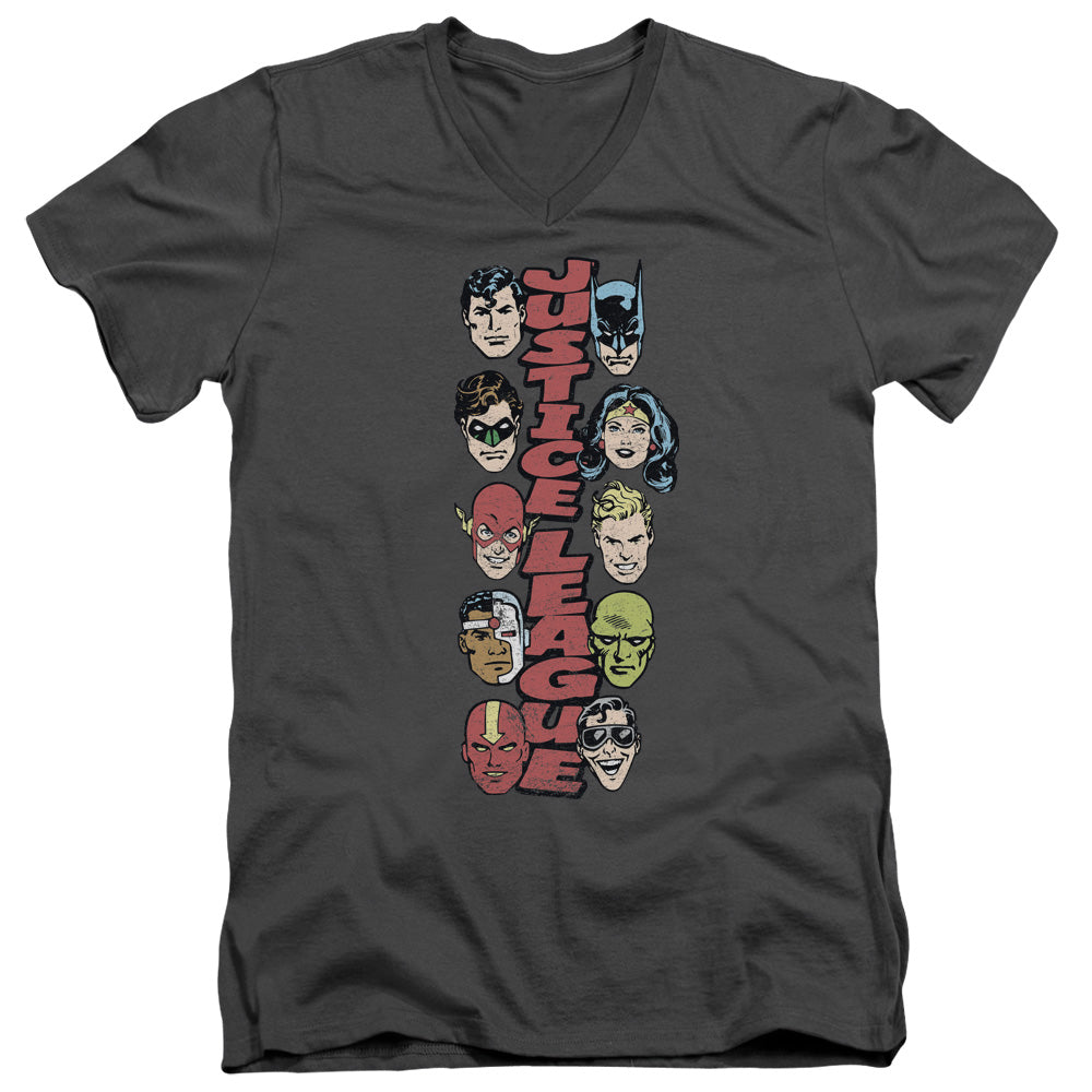 AN OFFCIALLY LICENSED DC STACKED JUSTICE MEN'S V-NECK T-SHIRT CHARCOAL