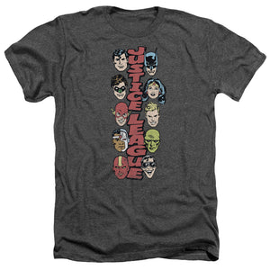 AN OFFCIALLY LICENSED DC STACKED JUSTICE MEN'S HEATHER T-SHIRT CHARCOAL