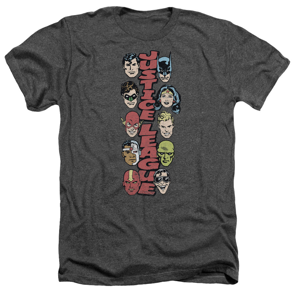 AN OFFCIALLY LICENSED DC STACKED JUSTICE MEN'S HEATHER T-SHIRT CHARCOAL
