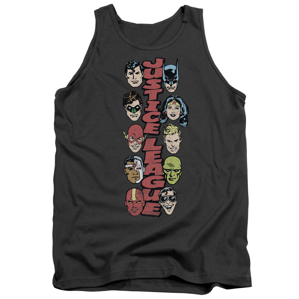 AN OFFCIALLY LICENSED DC STACKED JUSTICE ADULT UNISEX TANK TOP CHARCOAL