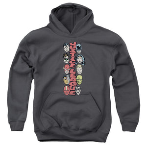 AN OFFCIALLY LICENSED DC STACKED JUSTICE YOUTH HOODIE CHARCOAL