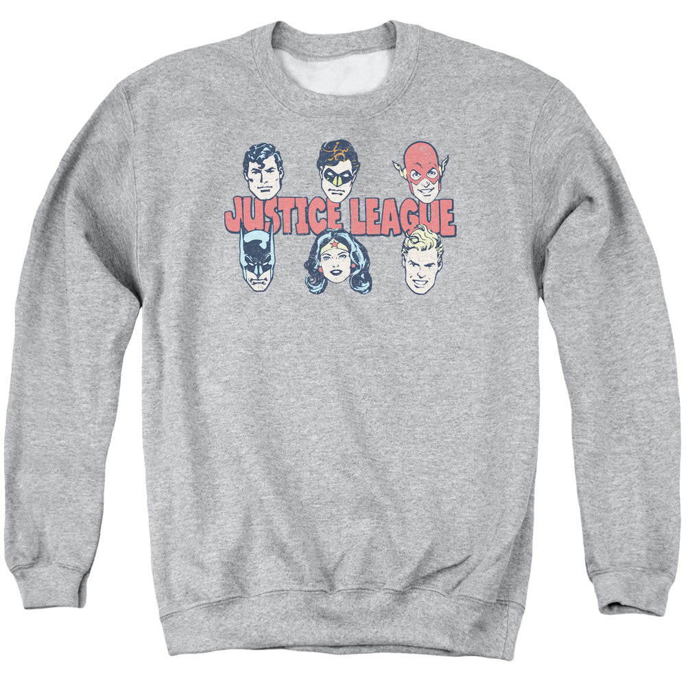 AN OFFCIALLY LICENSED DC JUSTICE LINEUP ADULT UNISEX CREWNECK SWEATSHIRT ATHLETIC HEATHER