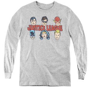 AN OFFCIALLY LICENSED DC JUSTICE LINEUP YOUTH LONG SLEEVE T-SHIRT ATHLETIC HEATHER