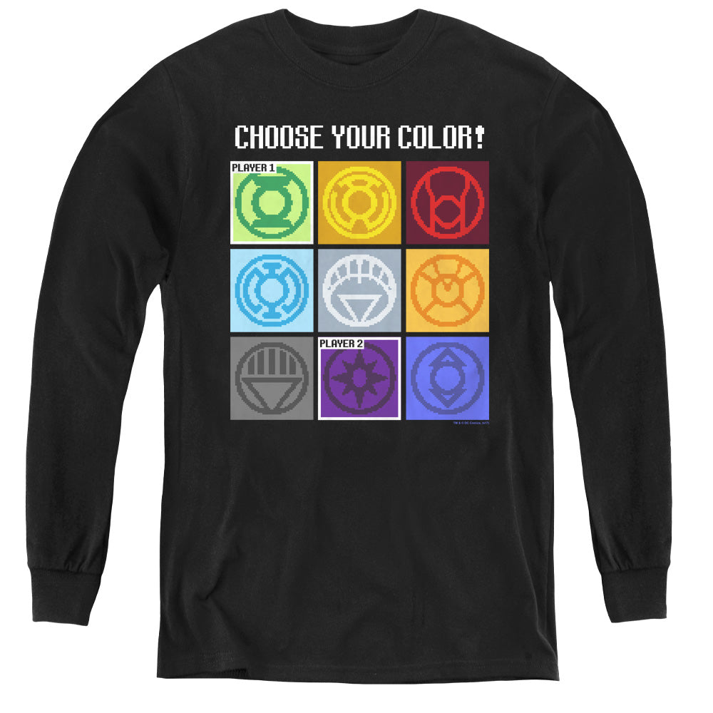 AN OFFCIALLY LICENSED DC CHOOSE YOUR COLOR YOUTH LONG SLEEVE T-SHIRT BLACK