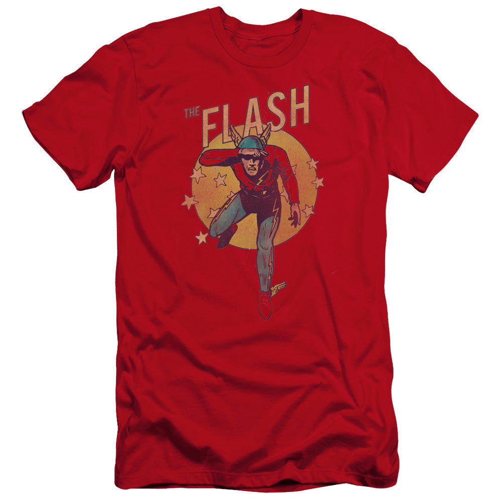 AN OFFCIALLY LICENSED DC FLASH CIRCLE & STARS MEN'S PREMIUM SLIM FIT T-SHIRT RED