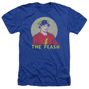AN OFFCIALLY LICENSED DC FLASH FADED CIRCLE MEN'S HEATHER T-SHIRT ROYAL