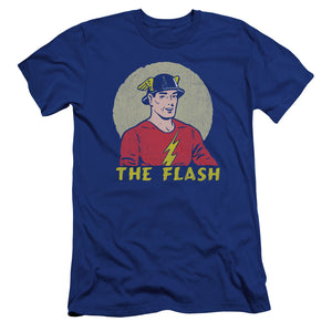 AN OFFCIALLY LICENSED DC FLASH FADED CIRCLE MEN'S PREMIUM SLIM FIT T-SHIRT ROYAL