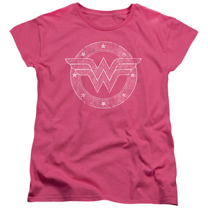 AN OFFCIALLY LICENSED DC TATTERED EMBLEM WOMEN'S REGULAR FIT T-SHIRT HOT PINK