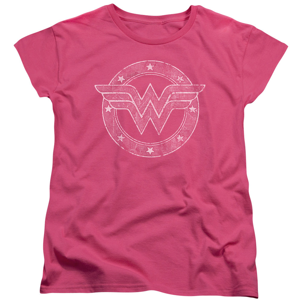 AN OFFCIALLY LICENSED DC TATTERED EMBLEM WOMEN'S REGULAR FIT T-SHIRT HOT PINK