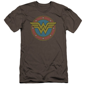 AN OFFCIALLY LICENSED DC WW VINTAGE EMBLEM MEN'S PREMIUM SLIM FIT T-SHIRT CHARCOAL